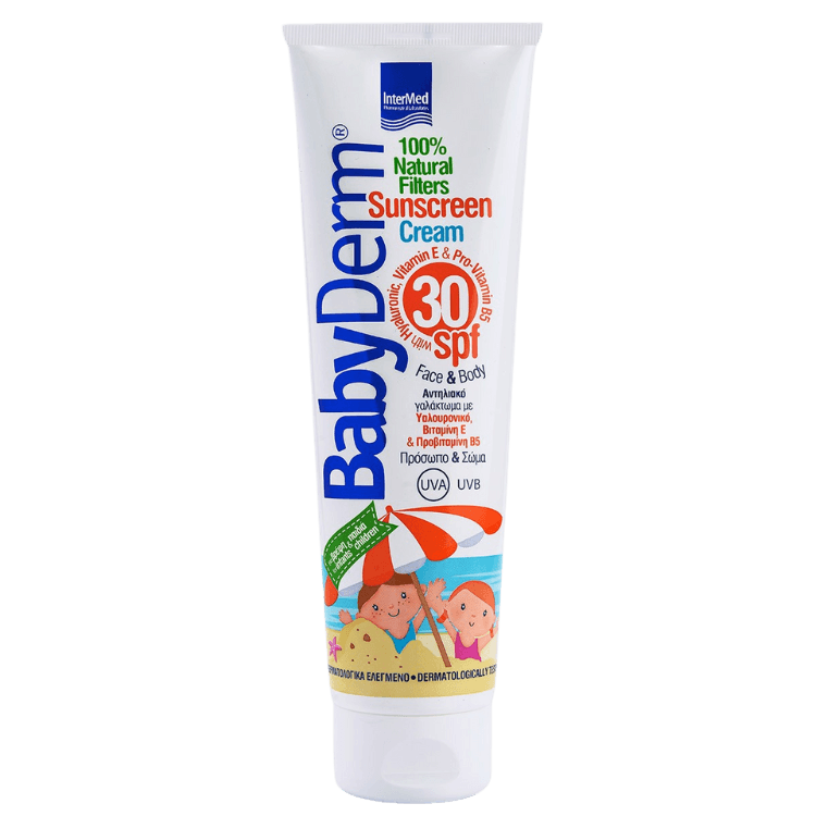 Συσκευασία του προϊόντος BabyDerm Sunscreen Cream Spf30 - 100% Natural Filters της InterMed.